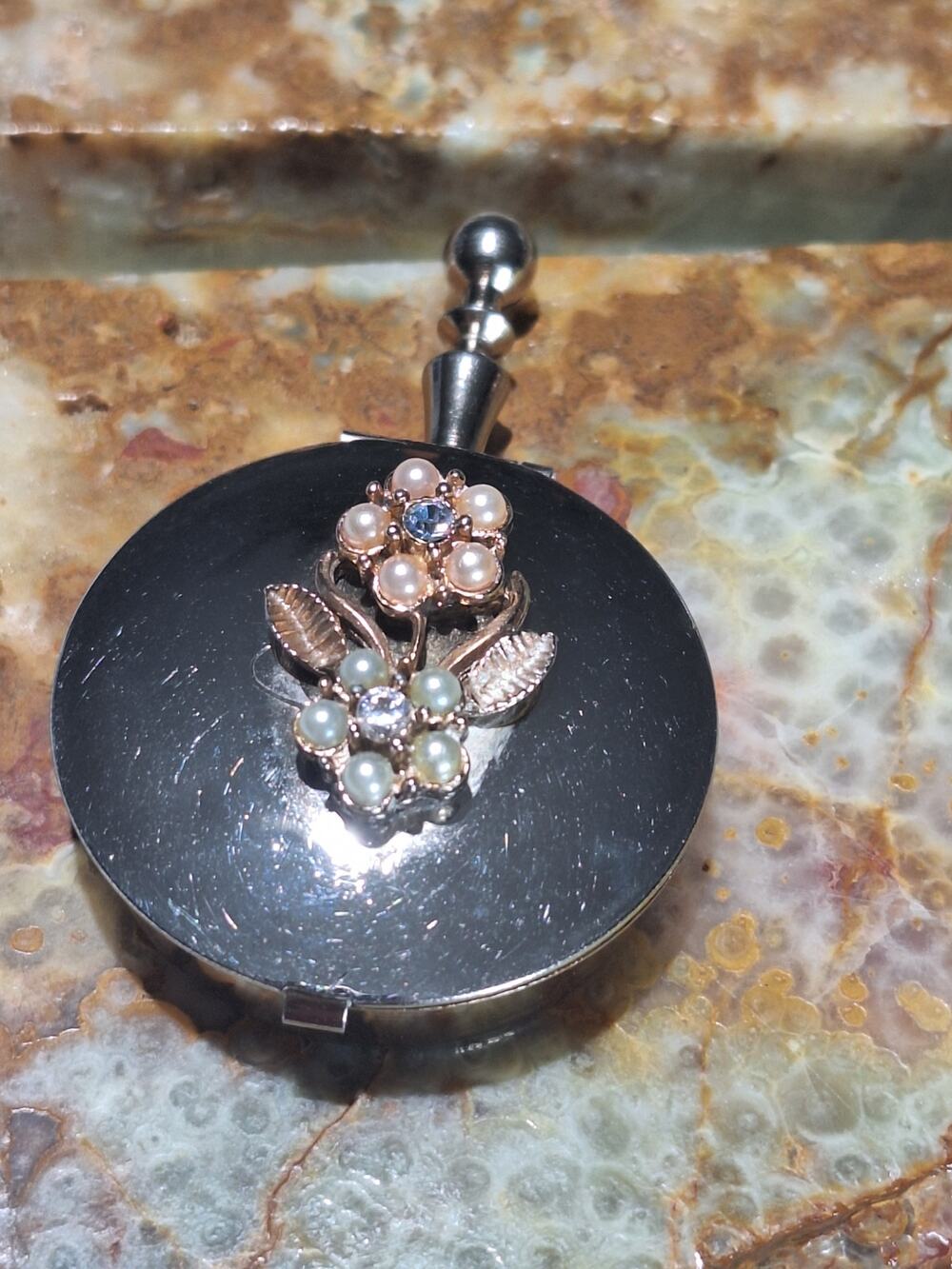 Vintage Jeweled Floral Pill Box Silver-Tone Faux Pearl Rhinestones Fob Excellent